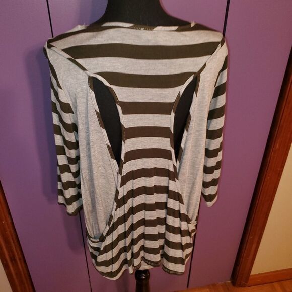 Green Grey Striped Top with Open Back EUC - Picture 2 of 6